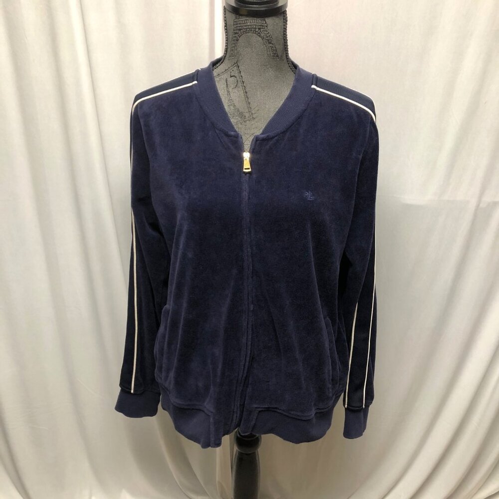 Lauren Ralph Lauren Navy Velour Zip Up Sweatshirt Womens Size XL Athleisure